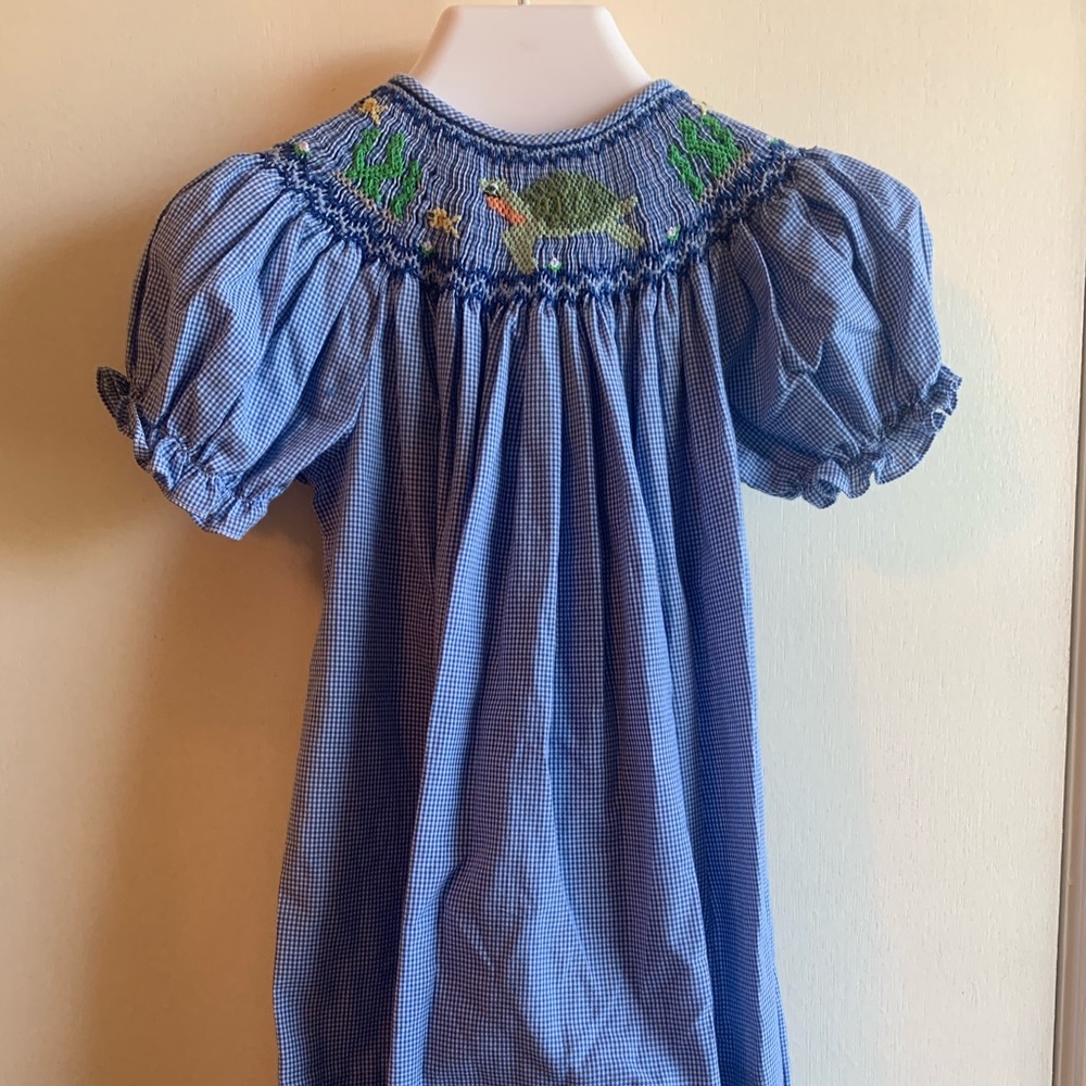 Blue Smocked Dress with Turtle Theme